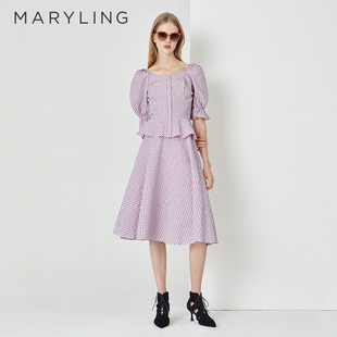 MARYLING玛俪琳夏季 浅紫小方格V领荷叶边上衣A1DCW20530 新品