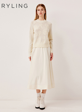 MARYLING玛俪琳2025秋季新品知性白色提花圆领针织衫A1FGW03460