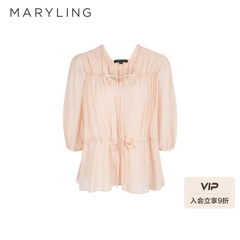 MARYLING玛俪琳2025春夏新品捏褶系带灯笼袖杏色上衣A1