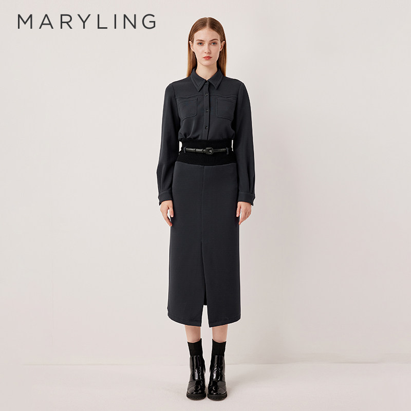 MARYLING玛俪琳2025秋季新品高腰宽腰封双腰带直筒半裙A