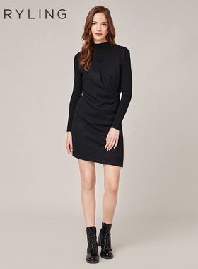 MARYLING玛俪琳冬季黑色褶皱收腰羊毛针织连衣裙A1BHW66700
