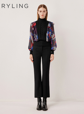 MARYLING玛俪琳2025秋新品蓝红窗花印花拼接半高领上衣A1FGW26350