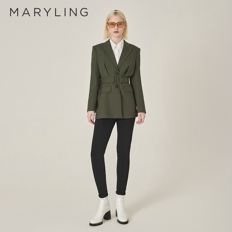 MARYLING玛俪琳秋季新品军绿色单排扣中长外套A1EGW17
