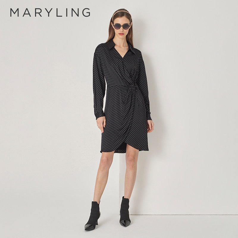 MARYLING玛俪琳初秋新品黑白波点V领衬衫式连衣裙A1DFW61280