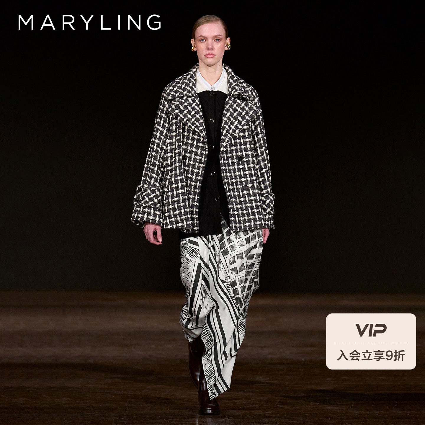 MARYLING玛俪琳2025秋冬新品黑白千鸟格翻领复古短大衣A