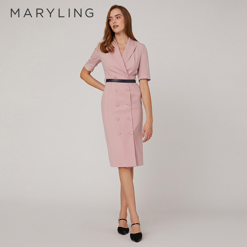 MARYLING玛俪琳夏季樱花粉西装领双排扣包臀连衣裙A1CCW62030