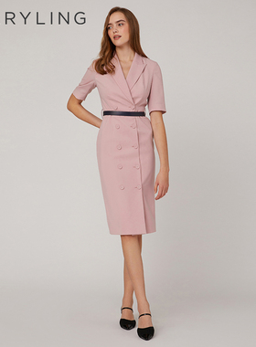 MARYLING玛俪琳夏季樱花粉西装领双排扣包臀连衣裙A1CCW62030
