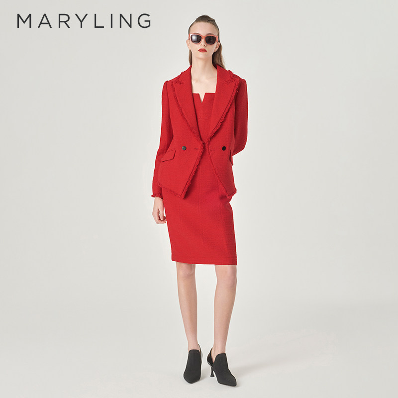 MARYLING玛俪琳初春新品红色翻驳领粗花呢外套A1EAW14