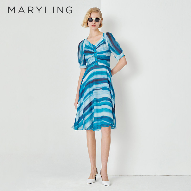 MARYLING玛俪琳夏新品渐变蓝色海浪方领印花连衣裙A1DDW63300