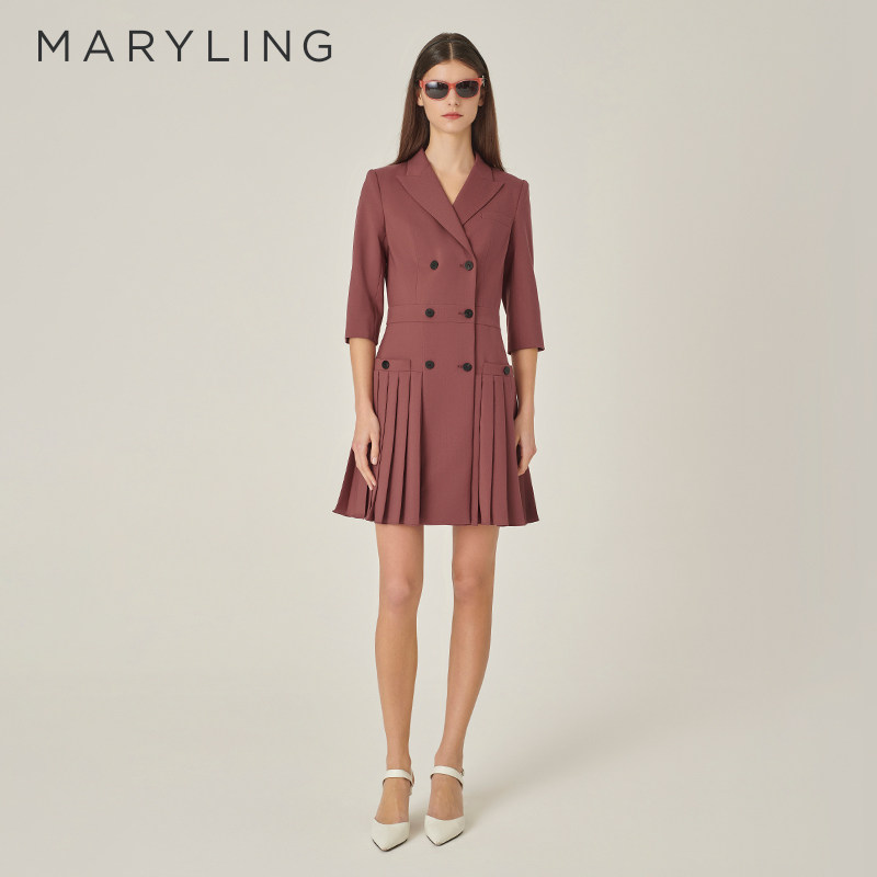 MARYLING玛俪琳秋新品砖红色双排扣翻领西装连衣裙A1EFW