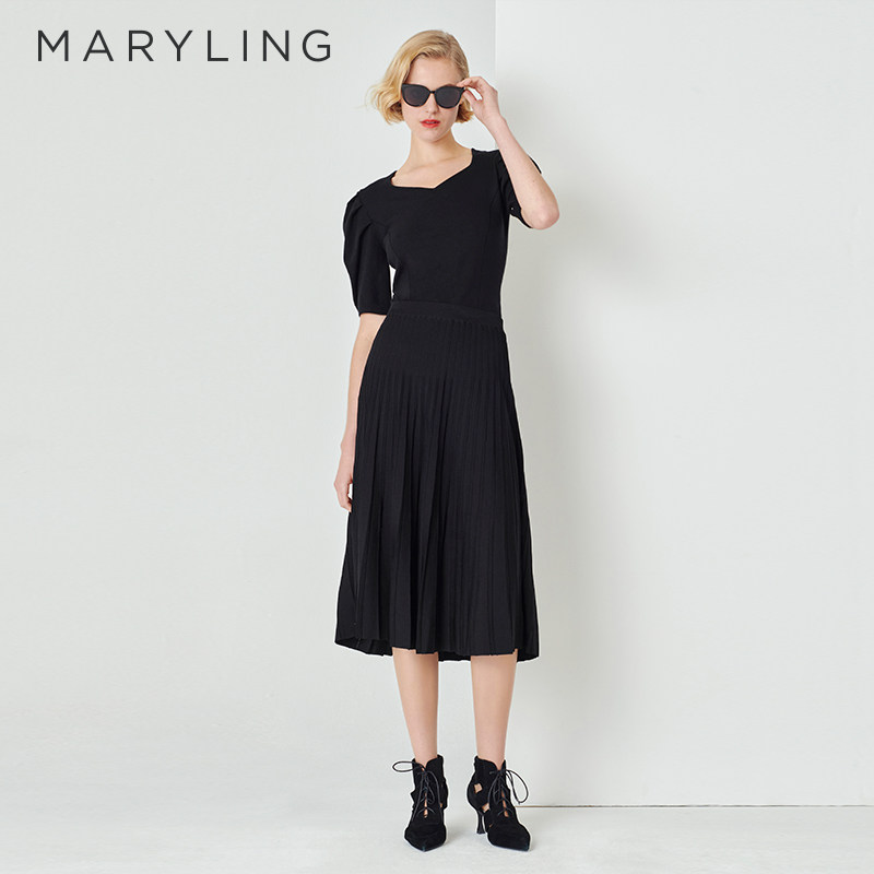 MARYLING玛俪琳春夏季黑色经典显瘦百褶针织半裙A1DAW0