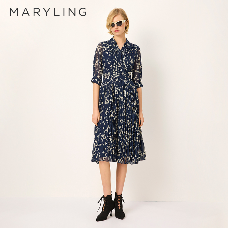 MARYLING印花压褶连衣裙
