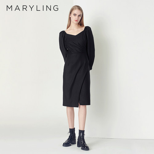 MARYLING黑色开衩羊毛包臀连衣裙