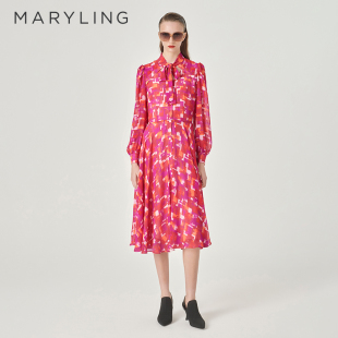 新品 MARYLING玛俪琳24春季 印花连衣裙A1EAW61050 绯红胭脂