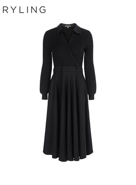 MARYLING玛俪琳初冬新品黑色衬衣领针梭织连衣裙A1EHW62500