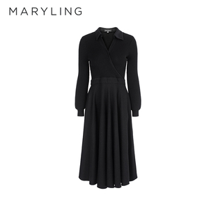MARYLING玛俪琳初冬新品黑色衬衣领针梭织连衣裙A1EHW62500