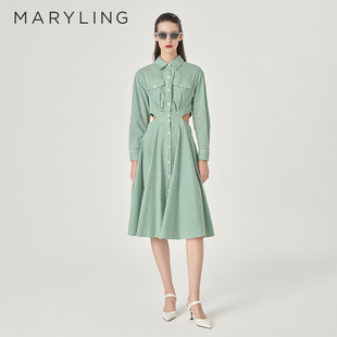 MARYLING玛俪琳春新品 连衣裙A1EBW62990 绿色条纹腰镂空衬衣式