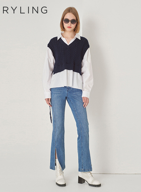 MARYLING玛俪琳冬季新品蓝白撞色针梭织套头衫A1DHW03470