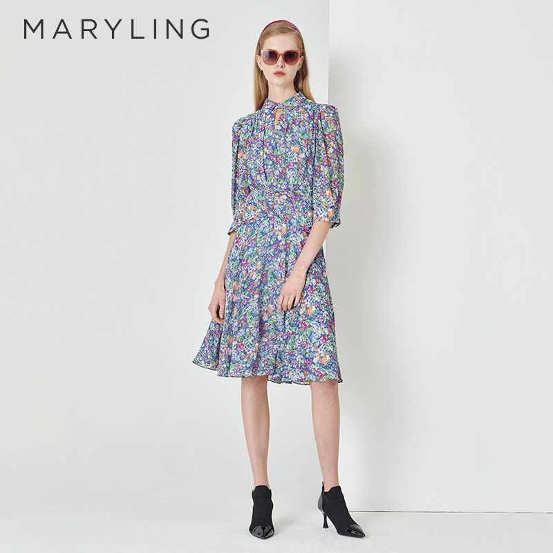 【水底花园】MARYLING玛俪琳春季前胸镂空设计印花打褶连衣裙