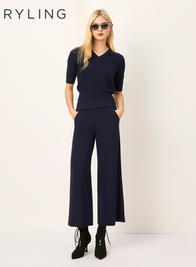 MARYLING玛俪琳2025春季新品深蓝色V领挑孔短袖针织衫A1FBW03560