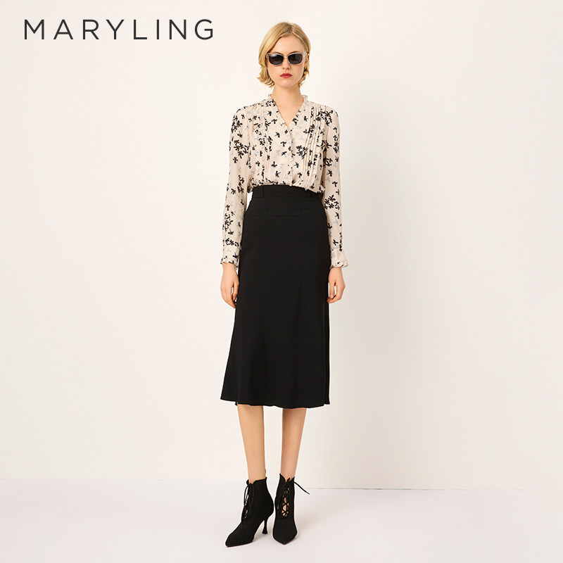 MARYLING玛俪琳2025春秋新品V领荷叶边真丝印花上衣A1