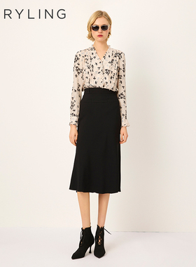 MARYLING玛俪琳2025春秋新品V领荷叶边真丝印花上衣A1FBW20370