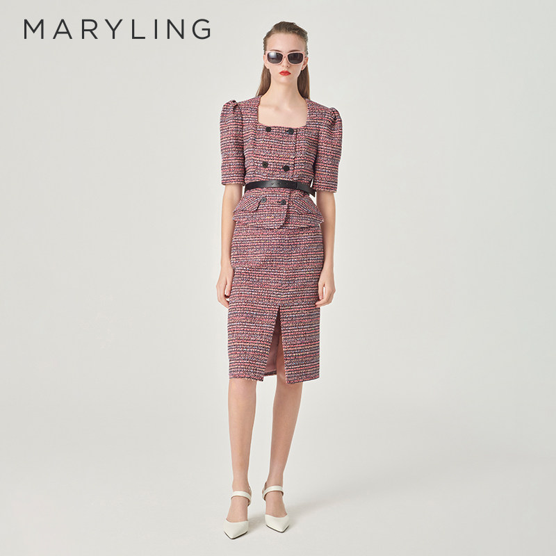 MARYLING玛俪琳春季新品粉色开叉粗花呢包臀半身裙A1EBW