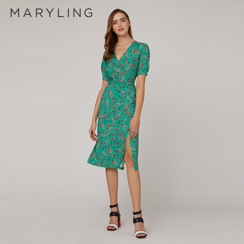 MARYLING玛俪琳夏季薄荷绿针织开叉印花V领连衣裙