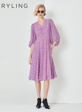 MARYLING玛俪琳秋季粉紫色V领泡泡袖丛林碎花连衣裙轻奢高级感