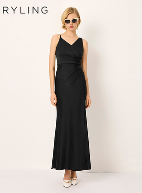 MARYLING玛俪琳2025初夏新品黑色V领吊带长款礼服裙A1FCW68060
