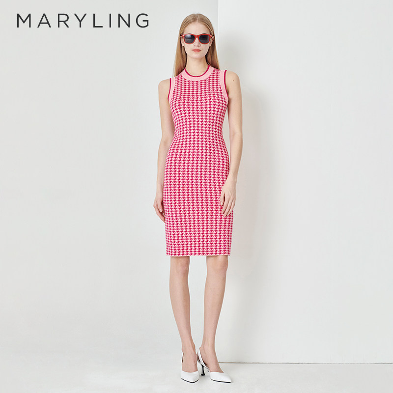 MARYLING玛俪琳初夏新莓果色格纹千鸟格针织连衣裙A1DCW04090