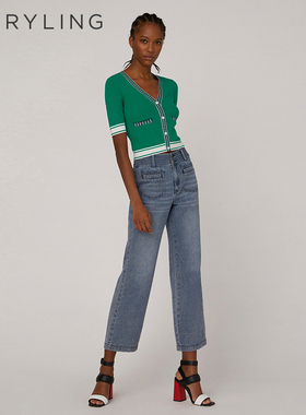 MARYLING玛俪琳夏季仙人掌绿V领短袖通勤针织开衫A1CCW08860