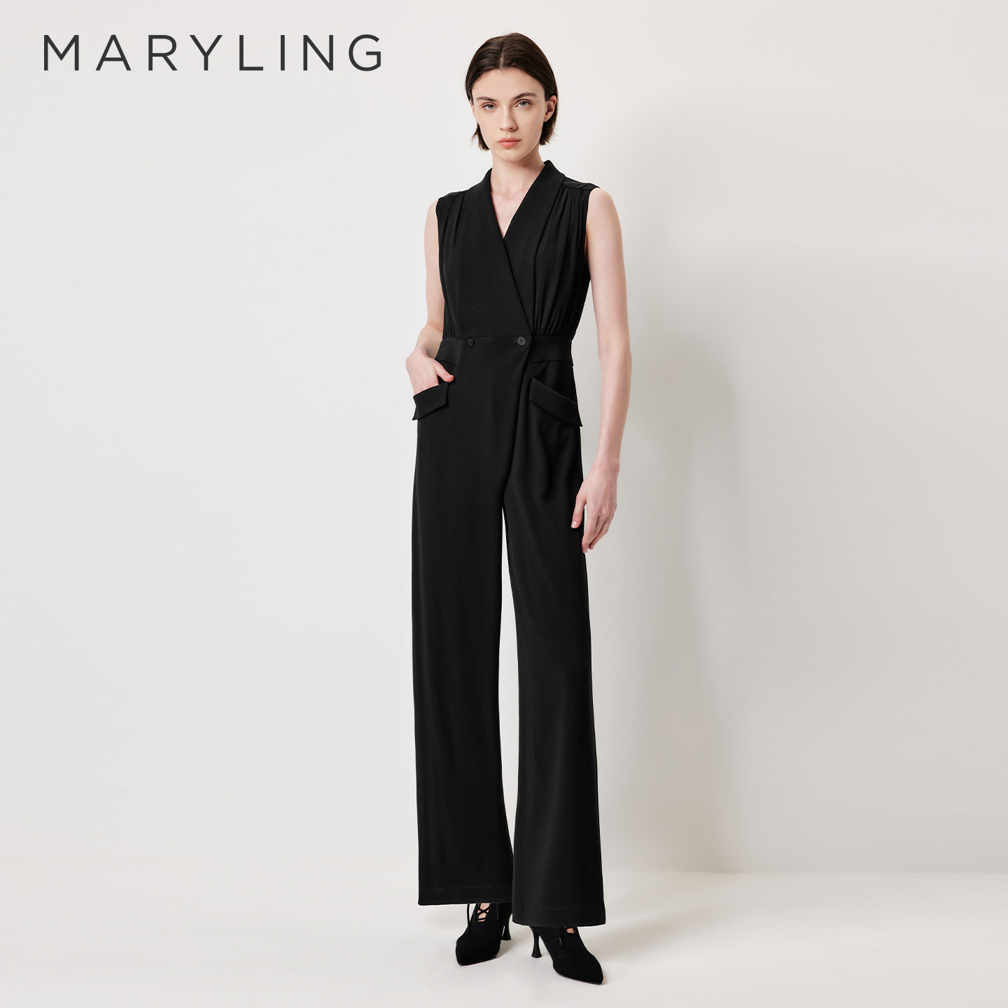 MARYLING玛俪琳2026夏新品黑色V领无袖阔腿通勤连体裤A1GCW57100