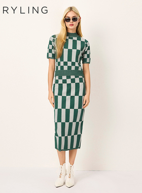 MARYLING玛俪琳2025初夏新品灰绿方格短袖毛针织衫A1FCW03200