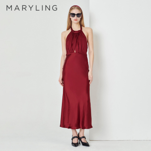 MARYLING玛俪琳夏季 酒红色露肩高腰鱼尾连衣裙A1DCW68100 新品
