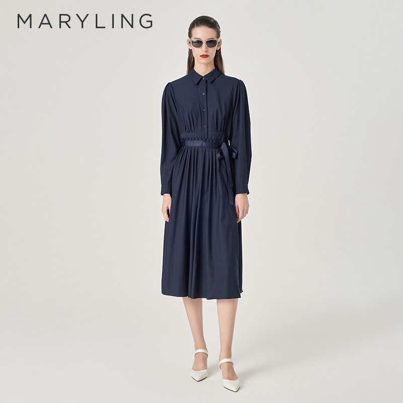 MARYLING玛俪琳春季新品午夜蓝衬衣式百褶连衣裙A1EBW6