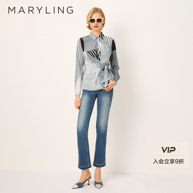 MARYLING玛俪琳2025夏黑白艺术画桑蚕丝薄款系带上衣A1