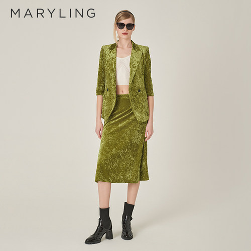 MARYLING复古橄榄绿丝绒西装外套