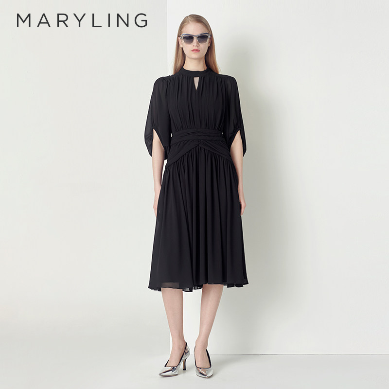 【高级感】MARYLING玛俪琳春夏新品黑色小立领泡泡袖桑蚕丝连衣裙