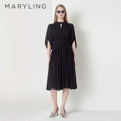 MARYLING黑色小立领连衣裙