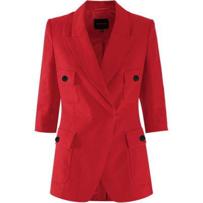 口袋红色修身七分袖外套玛俪琳