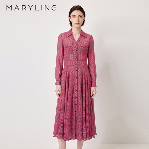 MARYLING衬衣式V领印花连衣裙