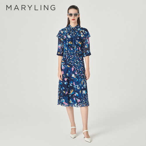 MARYLING收腰小A型过膝连衣裙