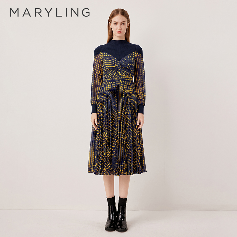 MARYLING深蓝针梭格纹拼接连衣裙