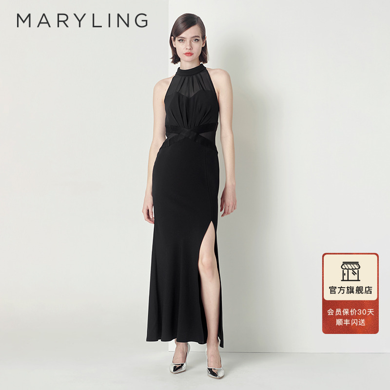 MARYLING黑色高领乔其礼服