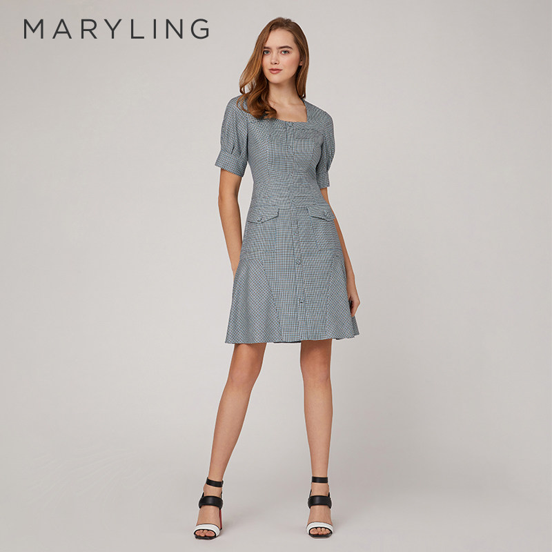 MARYLING玛俪琳夏季蓝白方领收腰A摆千鸟格连衣裙A1CDW