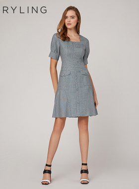 MARYLING玛俪琳夏季蓝白方领收腰A摆千鸟格连衣裙A1CDW62780