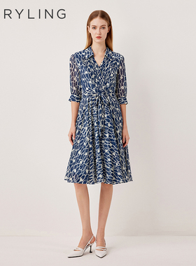 MARYLING玛俪琳2025年秋季新品印花V领系带中袖连衣裙A1FFW61050