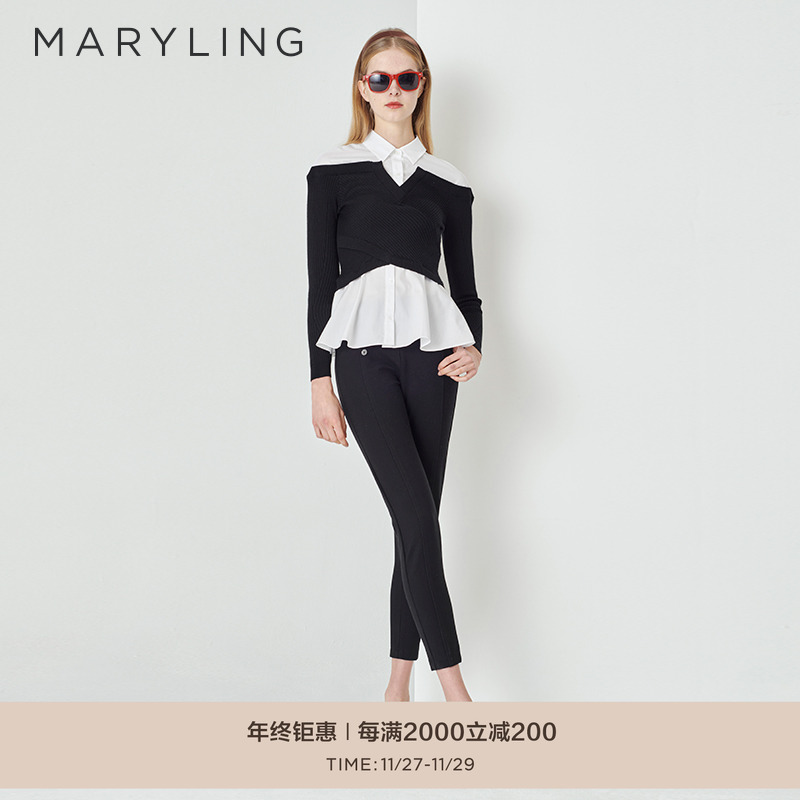 MARYLING黑白撞色针织修身衬衣
