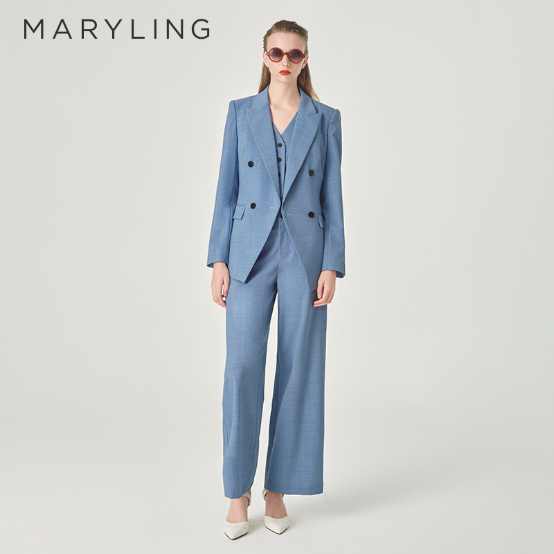 MARYLING雾蓝色戗驳领双排扣西装